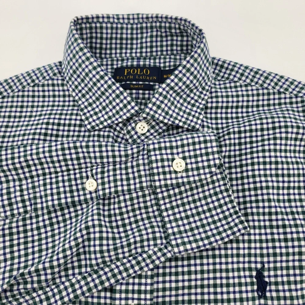 Polo Ralph Lauren‎ Slim Fit Mens Green Blue White Long Sleeve Plaid Shirt Medium